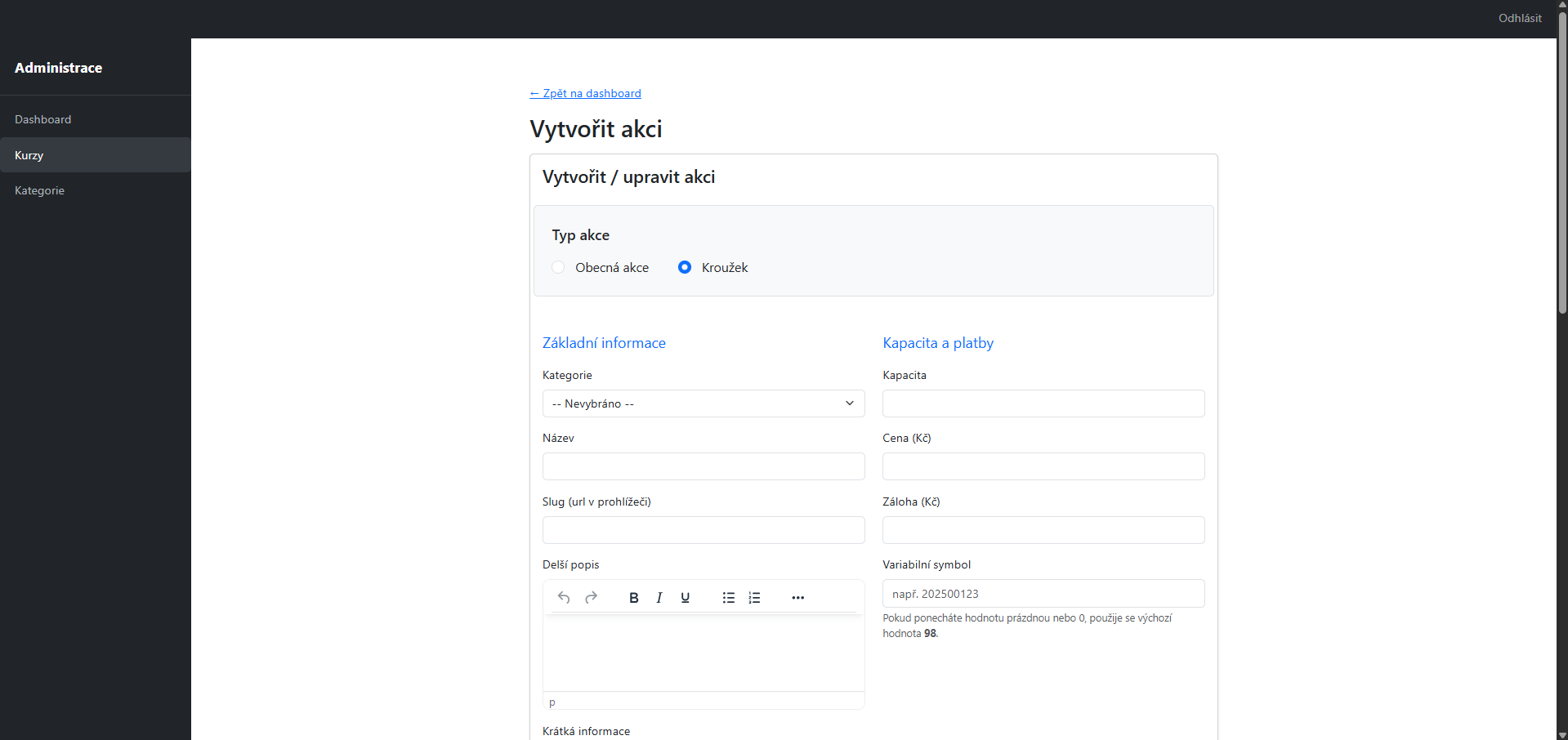 Administrátorská část – správa akcí a plateb